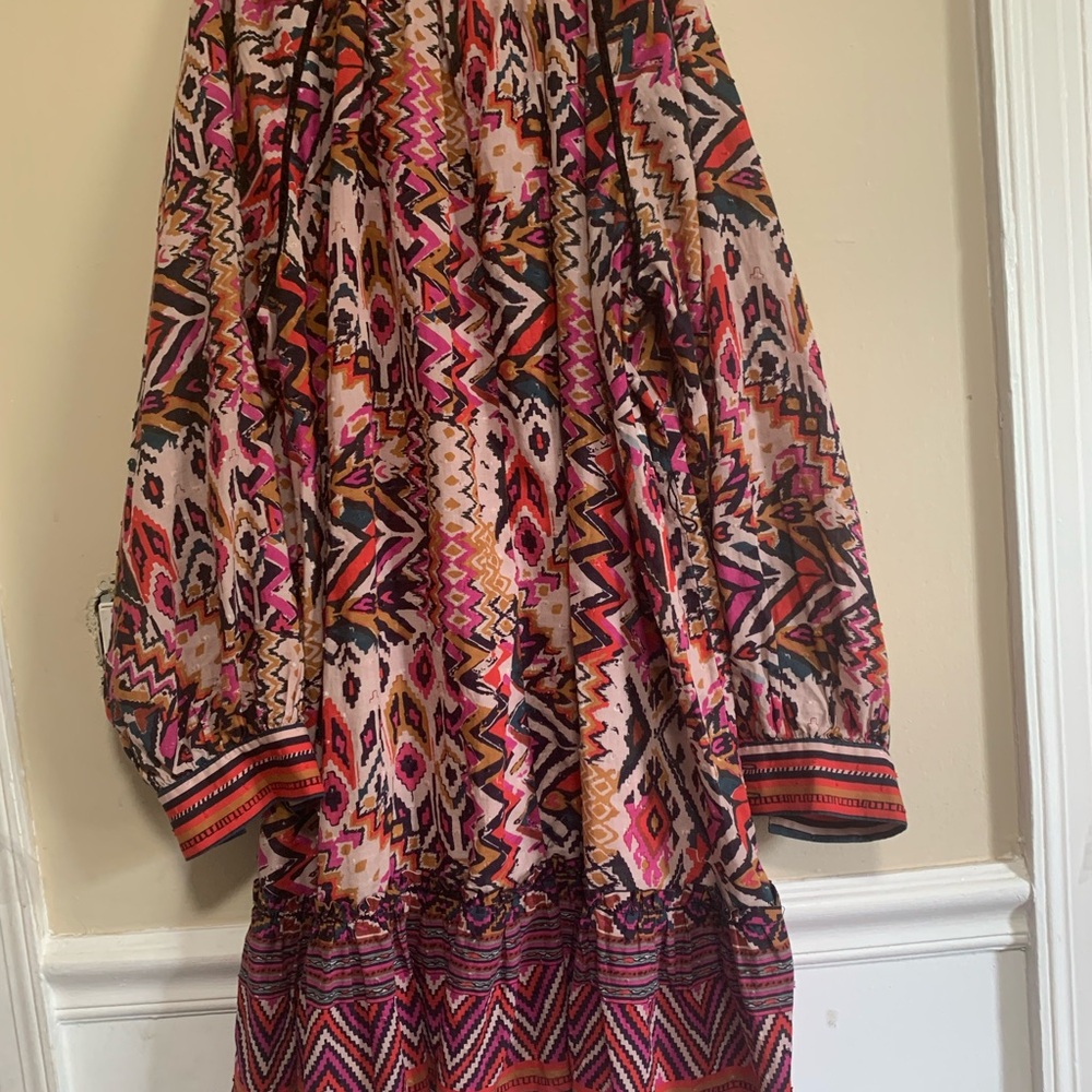 ZARA Boho Tunic Dress L Ikat Tribal Print Long Sleeve Button Cuff - Picture 8 of 15